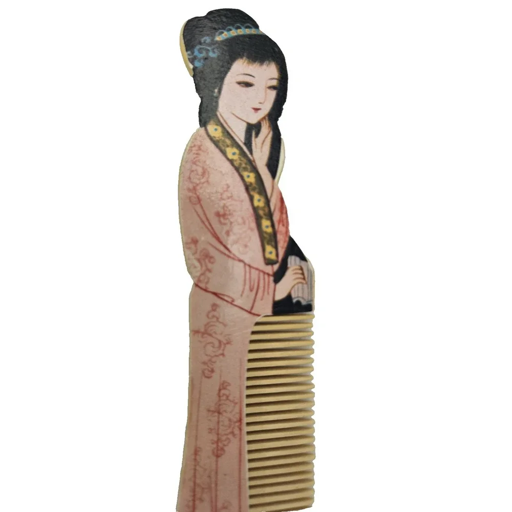 Vintage Asian Lady Decorative Wooden Comb 6.5